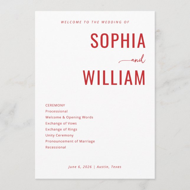 Elegant Red Minimalist Wedding Programme (Front)