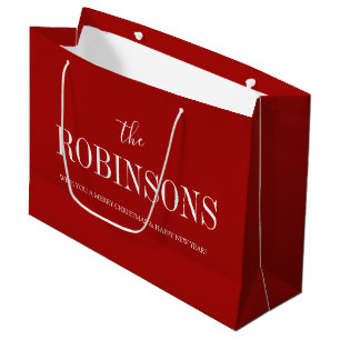 Elegant Red Modern Custom Name Christmas Large Gift Bag