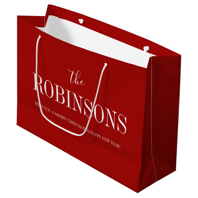 Elegant Red Modern Custom Name Christmas  Large Gift Bag (Front Angled)