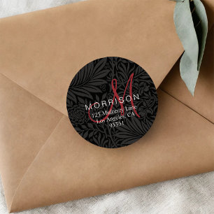 Elegant Red Monogram Black Floral Return Address Classic Round Sticker