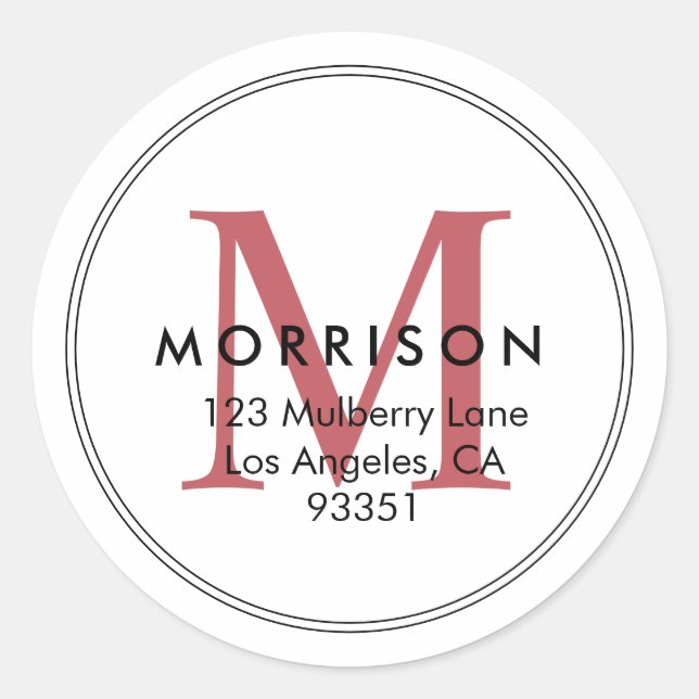 Elegant Red Monogram Return Address Classic Round Sticker (Front)