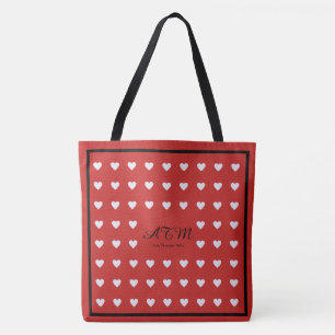 elegant red monogram tote bag with hearts