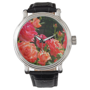 Elegant red orange coral roses rose garden watch