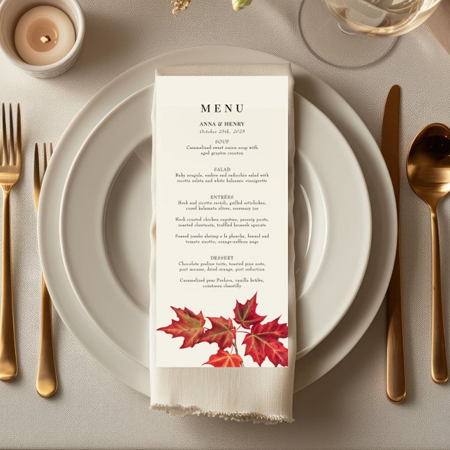 Elegant Red Orange Fall Leaves Wedding Menu (Creator Uploaded)