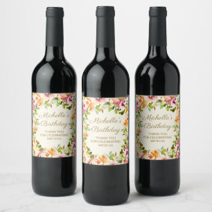 Elegant Red Orange Floral Birthday Thank You  Wine Label