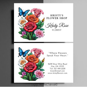 Elegant Red Orange Rose Flower Butterfly Florist Business Card