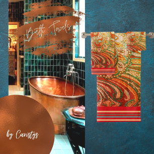 Elegant Red Orange Yellow Brocade  Bath Towel Set