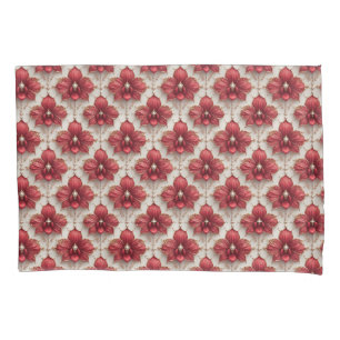 Elegant Red Orchid Pattern With Pearl Beads Pillowcase
