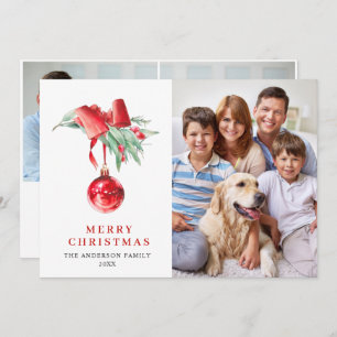 Elegant Red Ornament Christmas Greeting 3 PHOTO Holiday Card