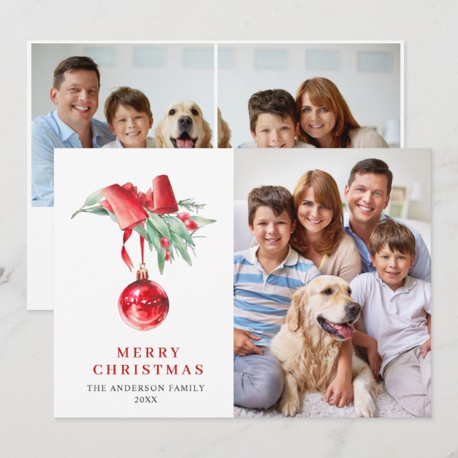 Elegant Red Ornament Christmas Greeting 3 PHOTO Holiday Card (Front/Back)