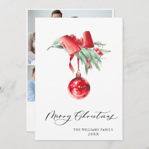 Elegant Red Ornament Christmas Greeting 3 PHOTO Holiday Card