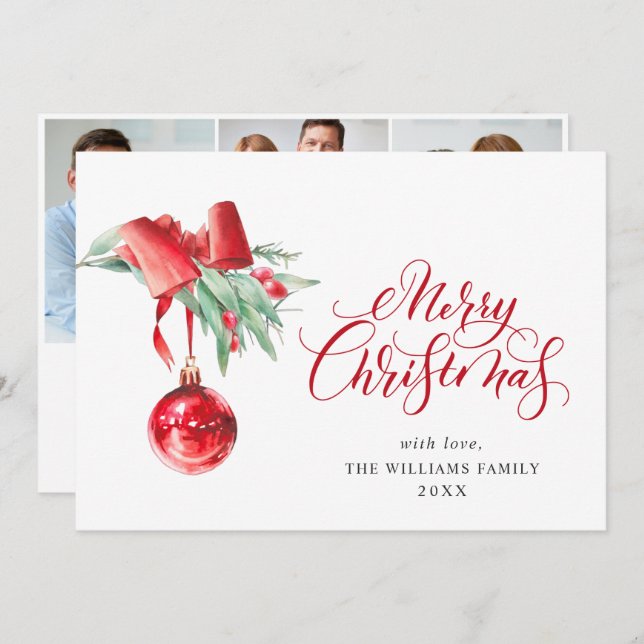 Elegant Red Ornament Christmas Greeting 3 PHOTO Holiday Card (Front/Back)