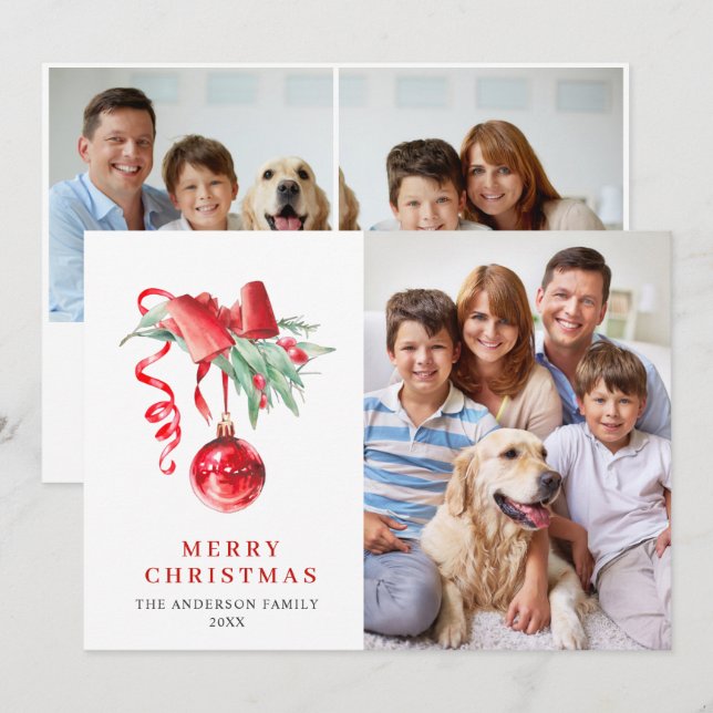 Elegant Red Ornament Christmas Greeting 3 PHOTO Holiday Card (Front/Back)