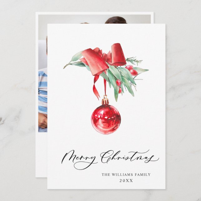 Elegant Red Ornament Christmas Greeting PHOTO Holiday Card (Front/Back)