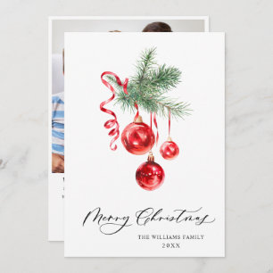 Elegant Red Ornament Christmas Greeting PHOTO Holiday Card