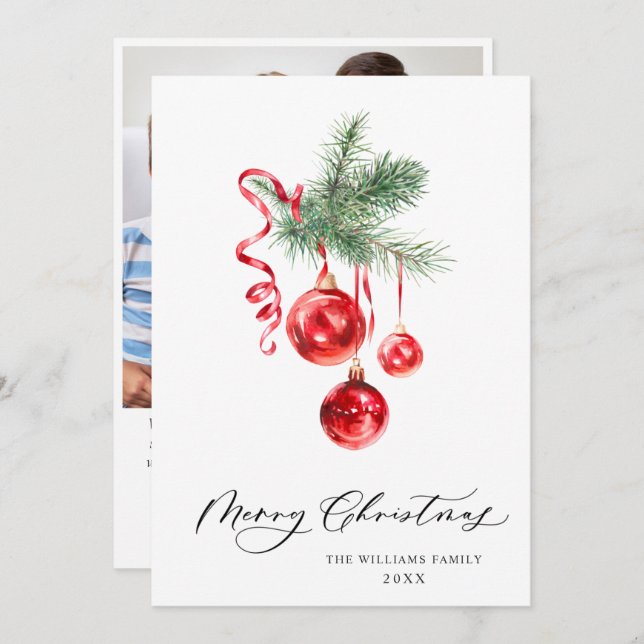 Elegant Red Ornament Christmas Greeting PHOTO Holiday Card (Front/Back)