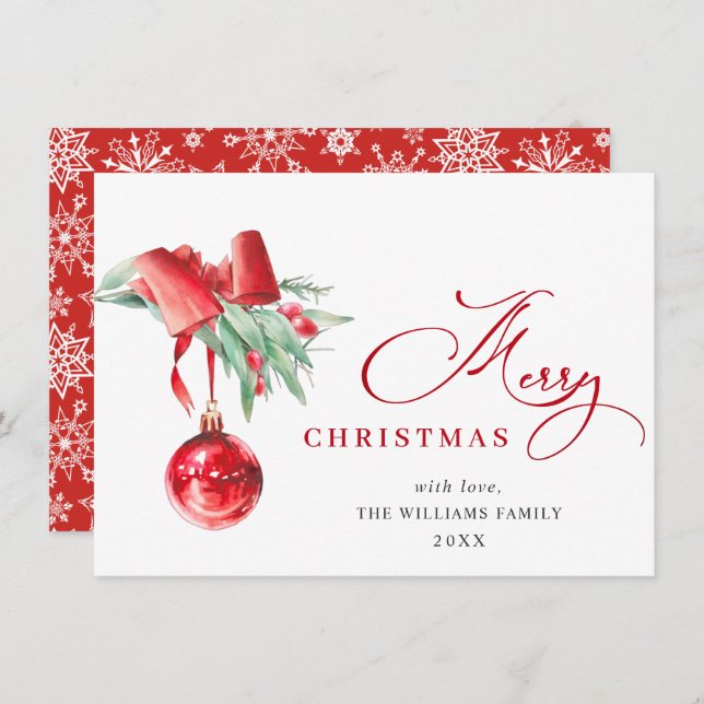 Elegant Red Ornament Merry Christmas Greeting Holiday Card (Front/Back)