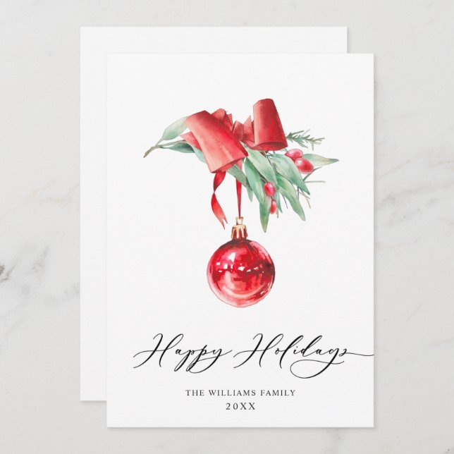 Elegant Red Ornament Merry Christmas Greeting Holiday Card (Front/Back)