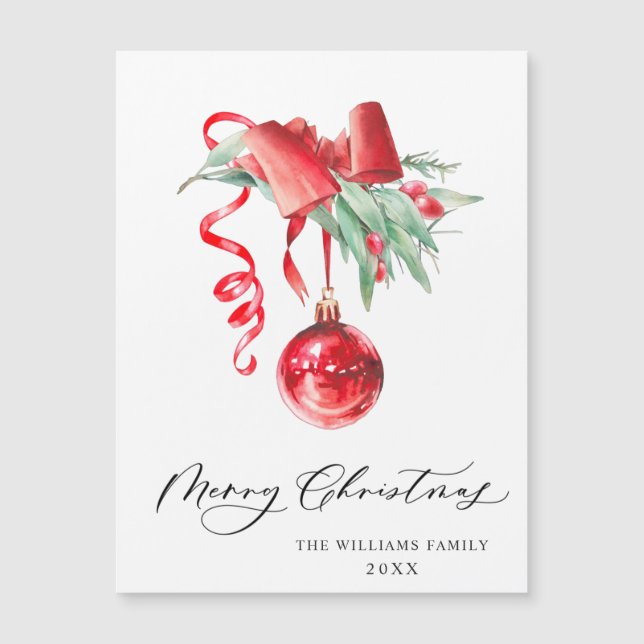Elegant Red Ornament Merry Christmas Magnetic Card (Front)