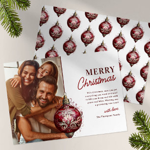 Elegant Red Ornament Photo Christmas Holiday Card
