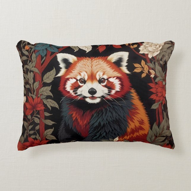Elegant Red Panda William Morris Inspired Floral Decorative Cushion (Front)