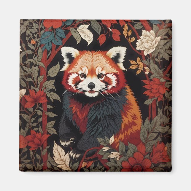 Elegant Red Panda William Morris Inspired Floral Magnet (Front)