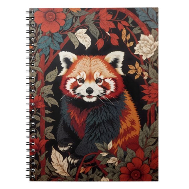 Elegant Red Panda William Morris Inspired Floral Notebook (Front)