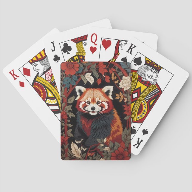 Elegant Red Panda William Morris Inspired Floral Playing Cards (Back)