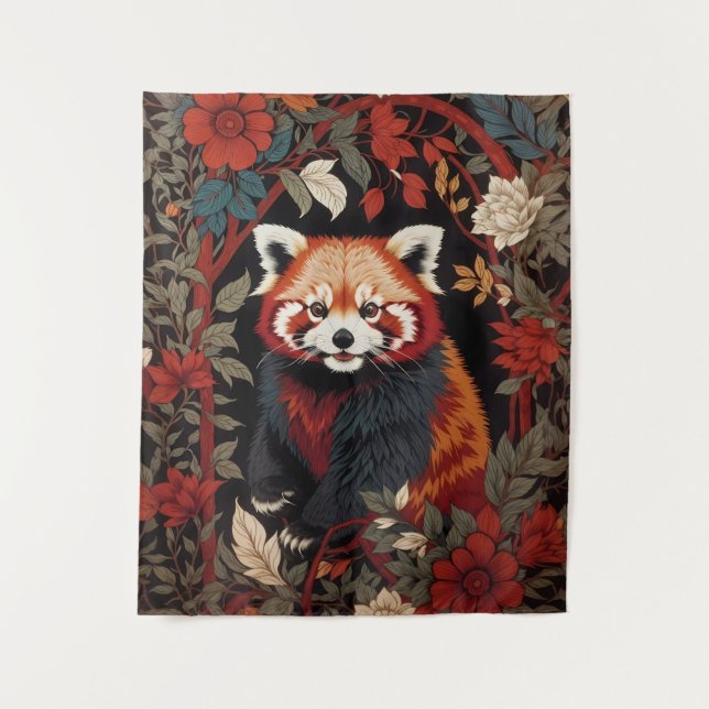 Elegant Red Panda William Morris Inspired Floral Tapestry (Front)