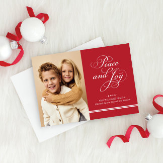 Elegant Red Peace and Joy Script Photo Holiday Card