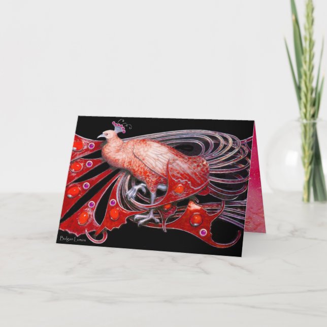 ELEGANT RED PEACOCK WITH GEM STONES HOLIDAY CARD (Front)