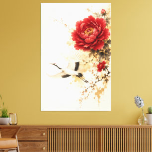 Elegant Red Peony and Crane Chinese Ink Painting Canvas Print