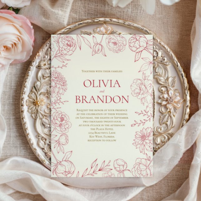 Elegant Red Peony Floral Border Line Art Wedding Invitation (Creator Uploaded)