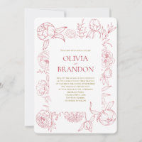 Elegant Red Peony Floral Line Drawing Wedding