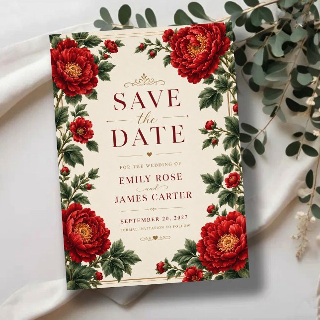Elegant Red Peony Floral  Save The Date (Creator Uploaded)