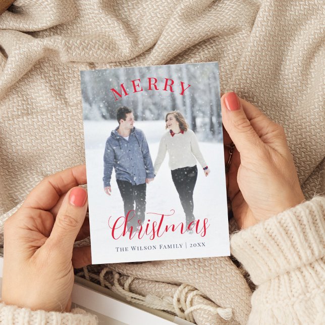Elegant Red Photo Calligraphy Merry Christmas Holiday Card (Creator Uploaded)