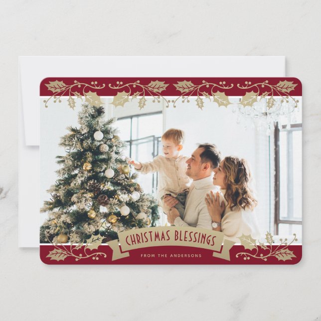 Elegant Red Photo Christmas Blessings Christian Holiday Card (Front)