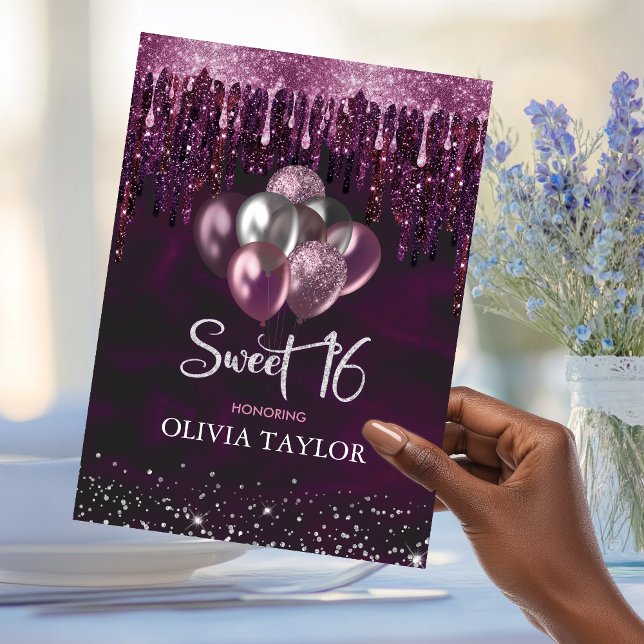 Elegant red pink drips glitter balloons sweet 16 i invitation (Creator Uploaded)