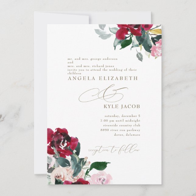 Elegant Red & Pink Floral Both Parents Wedding Invitation (Front)