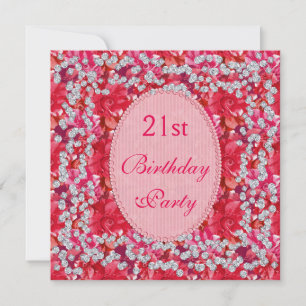 Elegant Red/Pink Floral & Diamonds 21st Birthday Invitation