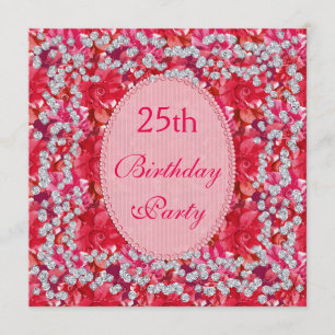 Elegant Red/Pink Floral & Diamonds 25th Birthday Invitation