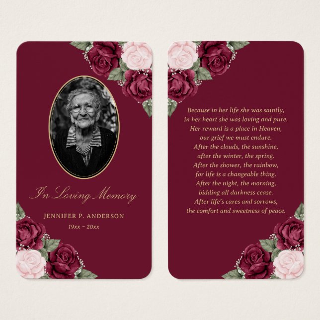 Elegant Red Pink Floral Funeral Prayer Card (Front & Back)