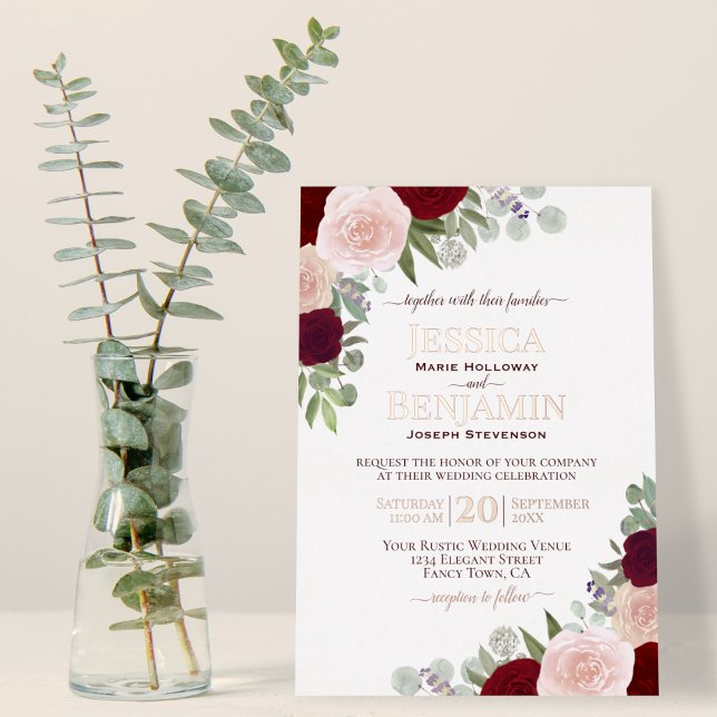 Elegant Red & Pink Floral with Rose Gold Wedding (Real Foil Text Highlights!)