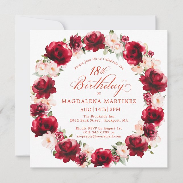 Elegant Red Pink Floral Wreath 18th Birthday Invitation (Front)