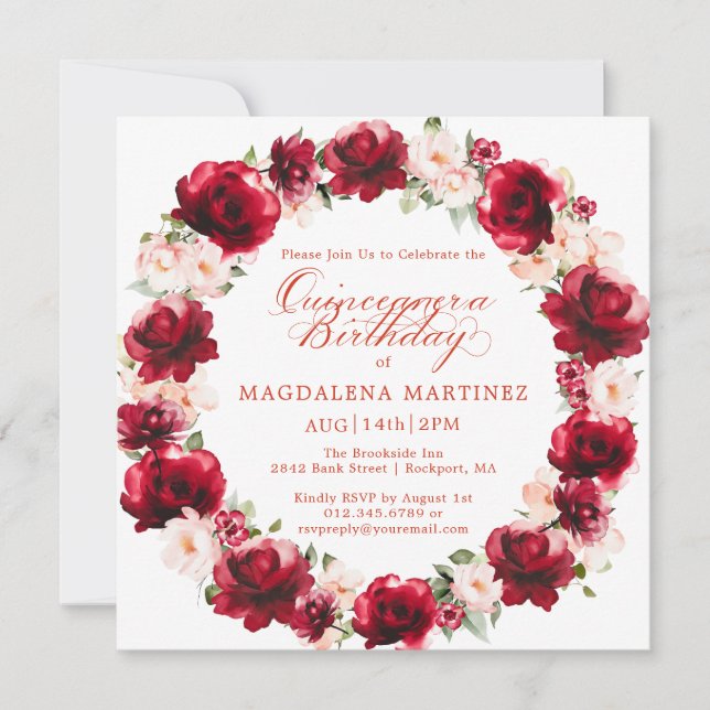 Elegant Red Pink Floral Wreath Quinceanera Invitation (Front)