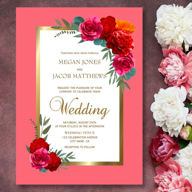 Elegant Red Pink Gold Floral Wedding Invitation (Creator Uploaded)