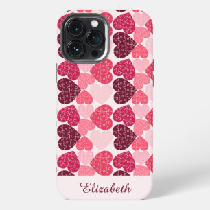 Elegant Red Pink Jigsaw Puzzle Heart Pattern Name iPhone 13 Pro Max Case