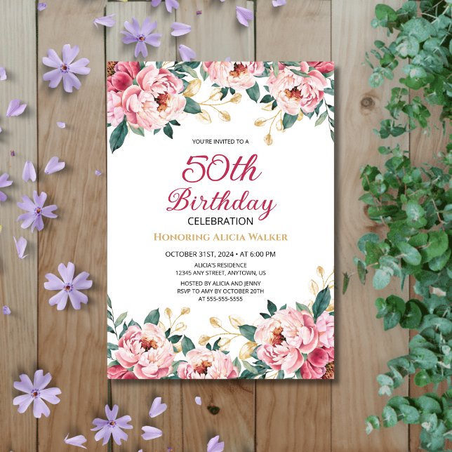 Elegant Red Pink Peony Floral Gold Leaf Birthday  Invitation (Creator Uploaded)