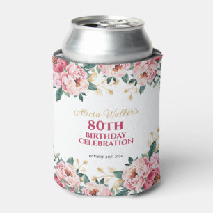 Elegant Red Pink Peony Flower Gold Leaf Birthday  Can Cooler