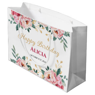 Elegant Red Pink Peony Flower Gold Leaf Birthday Large Gift Bag
